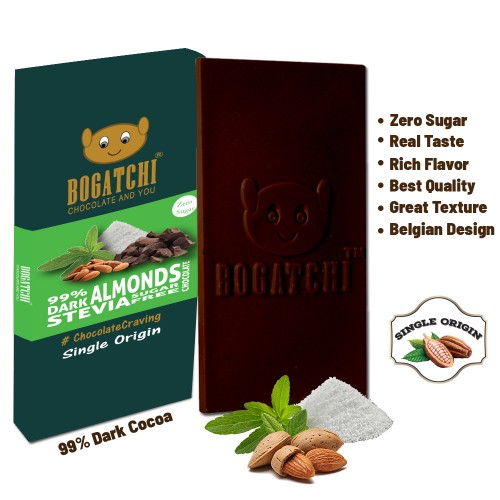 BOGATCHI Stevia Sugarfree Chocolate Bar, Almonds, 80g